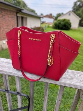 Michael Kors Red Saffiano Leather Shoulder Bag with Gold Chain Trim